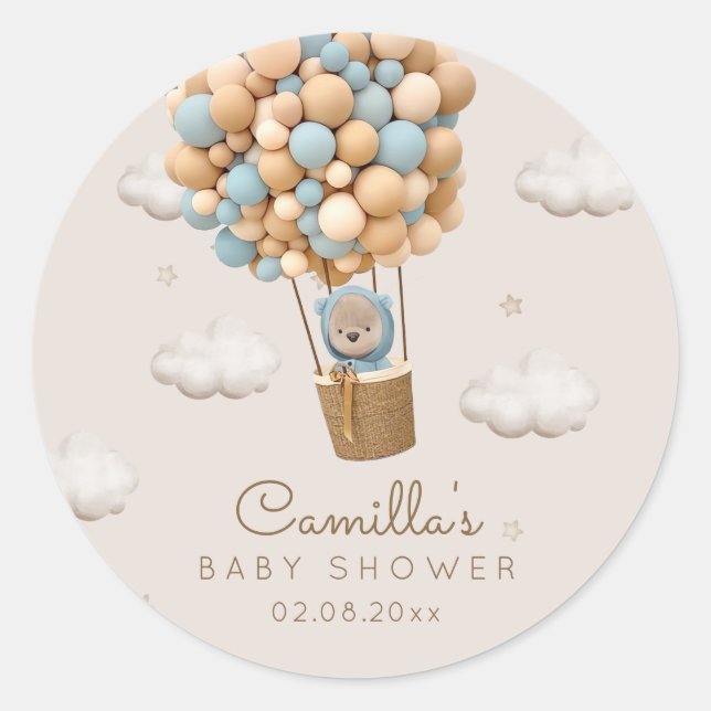 Cute Bear With Balloons Boy Baby Shower  Classic Round Sticker (Front)