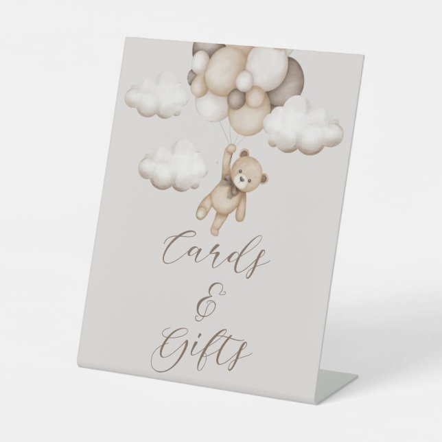 Cute Bear With Balloons Cards Gifts Pedestal Sign (Front)