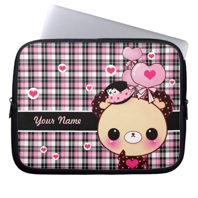 Cute bear with balloons on black and pink plaid laptop sleeve (Front)