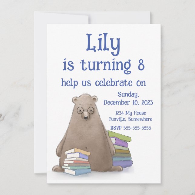Cute Bear With Books Birthday, Personalizable Invitation (Front)