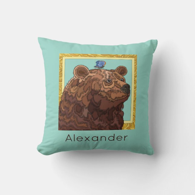 Cute bear with butterfly, kid's personalised cushion (Front)