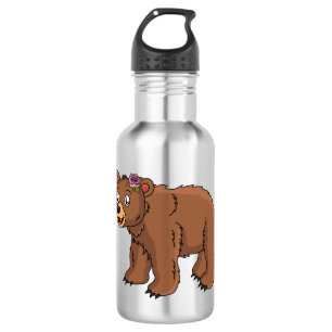 Cute bear with flower cartoon illustration 532 ml water bottle