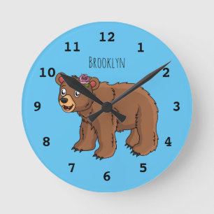 Cute bear with flower cartoon illustration round clock