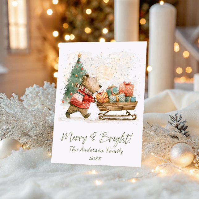 Cute Bear with Gifts Merry & Bright Family  Holiday Card (Creator Uploaded)