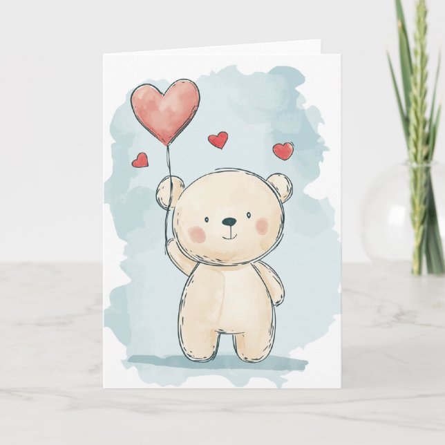 Cute Bear with Heart Balloon Greeting Card (Front)