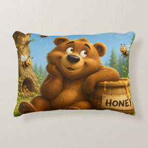 Cute Bear with Honey Barrel & Happy Bees Decorative Cushion