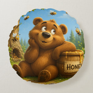 Cute Bear with Honey Barrel & Happy Bees Round Cushion