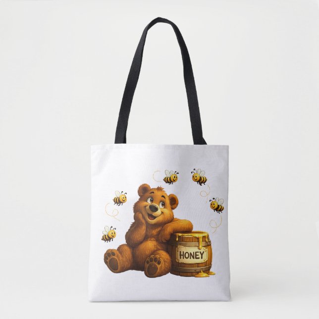 Cute Bear with Honey & Happy Bees Tote Bag (Front)