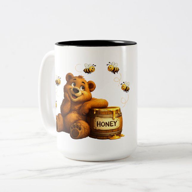 Cute Bear with Honey & Happy Bees Two-Tone Coffee Mug (Front Left)
