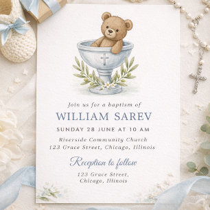 Cute Bear with Olive Branch Cross Boy Baptism Invitation