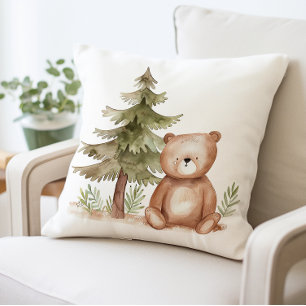 Cute Bear with Pine Tree Pillow, Woodland Animal Cushion
