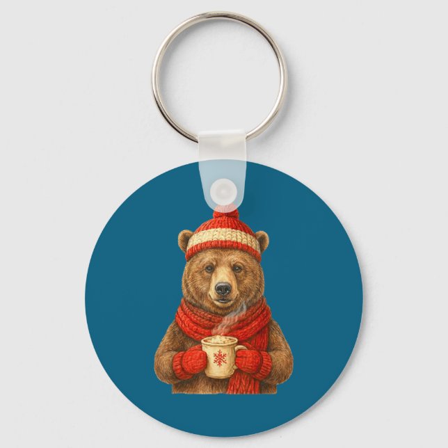 Cute Bear With Santa Hat Coffee Lover Funny Winter Key Ring (Front)