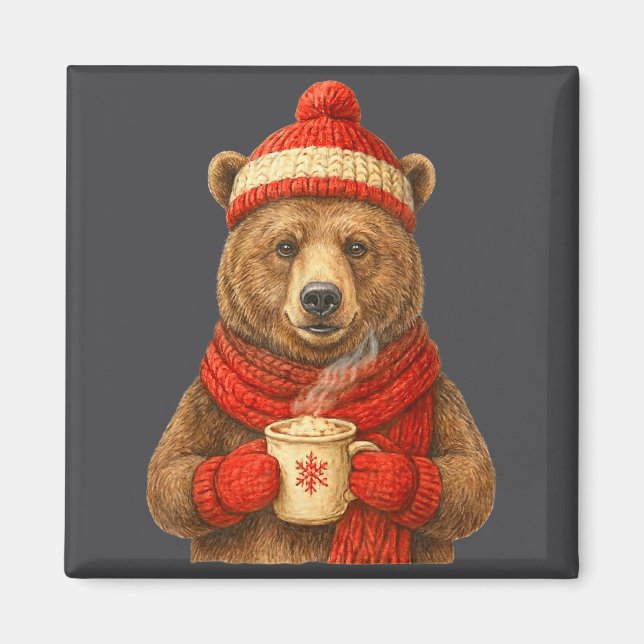 Cute Bear With Santa Hat Coffee Lover Funny Winter Magnet (Front)