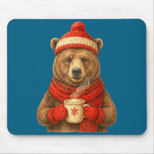 Cute Bear With Santa Hat Coffee Lover Funny Winter Mouse Pad