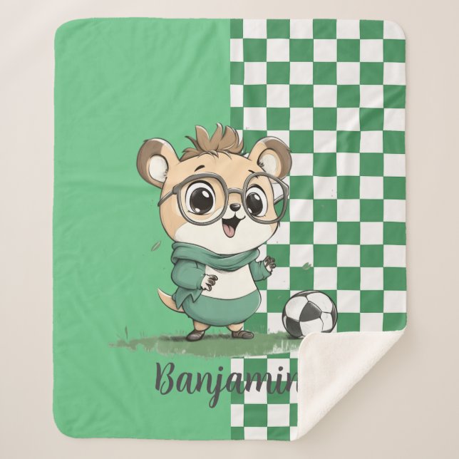 Cute Bear with Soccer Ball Sherpa Blanket (Front)