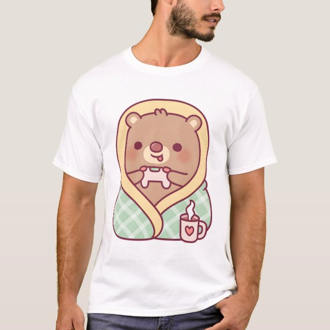 Cute Bear Wrapped In Cosy Blanket While Gaming T-Shirt (Front)