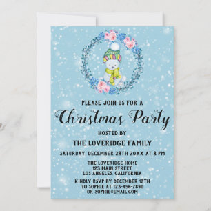 Cute Bear Wreath Holiday Christmas Party Blue Snow Invitation
