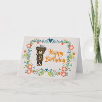 Cute Bear, Yellow Flower & Floral Wreath Birthday