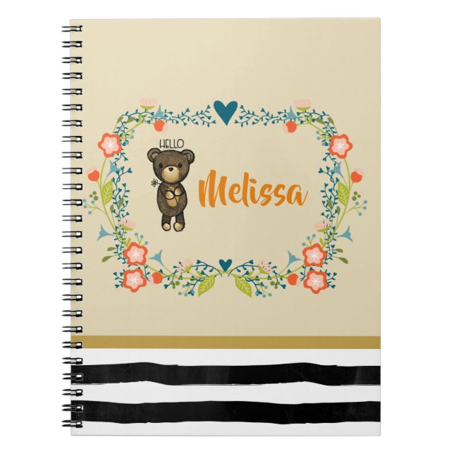 Cute Bear, Yellow Flower & Floral Wreath Custom Spiral Notebook (Front)