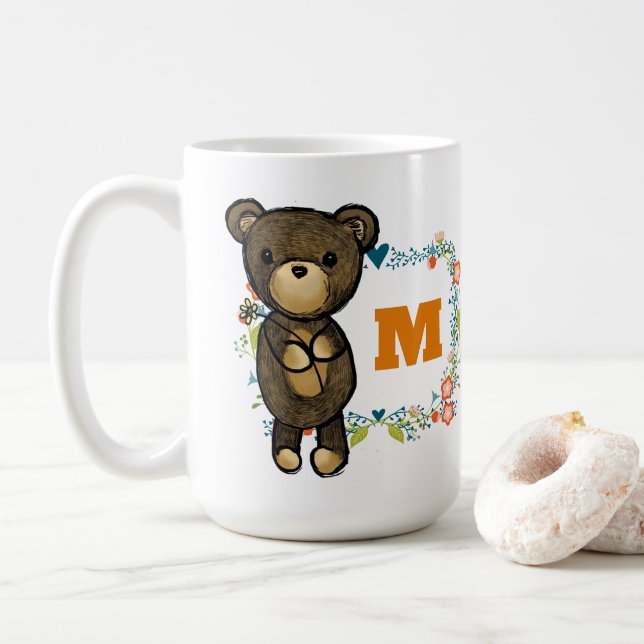 Cute Bear, Yellow Flower & Floral Wreath Monogram Coffee Mug (With Donut)