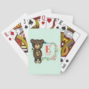 Cute Bear, Yellow Flower & Floral Wreath Monogram Playing Cards