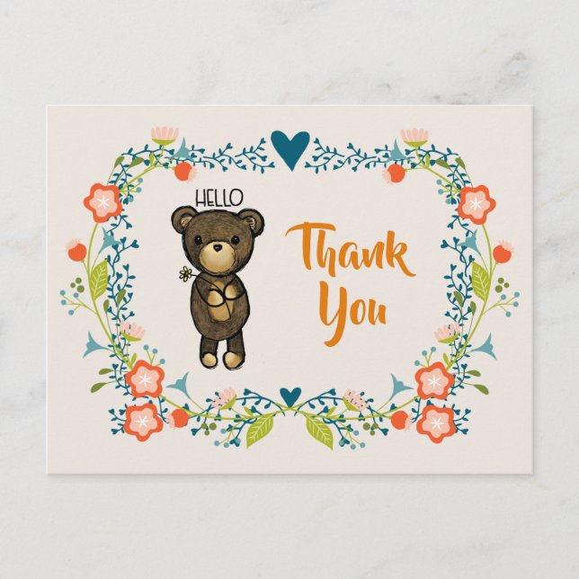 Cute Bear, Yellow Flower & Floral Wreath Thank You Postcard (Front)