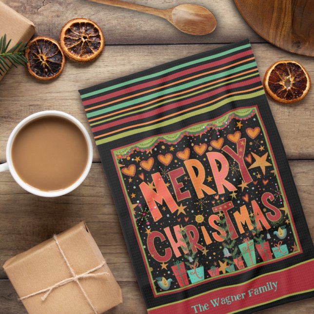 Cute Beard Whimsical Personalised Merry Christmas  Tea Towel (Creator Uploaded)