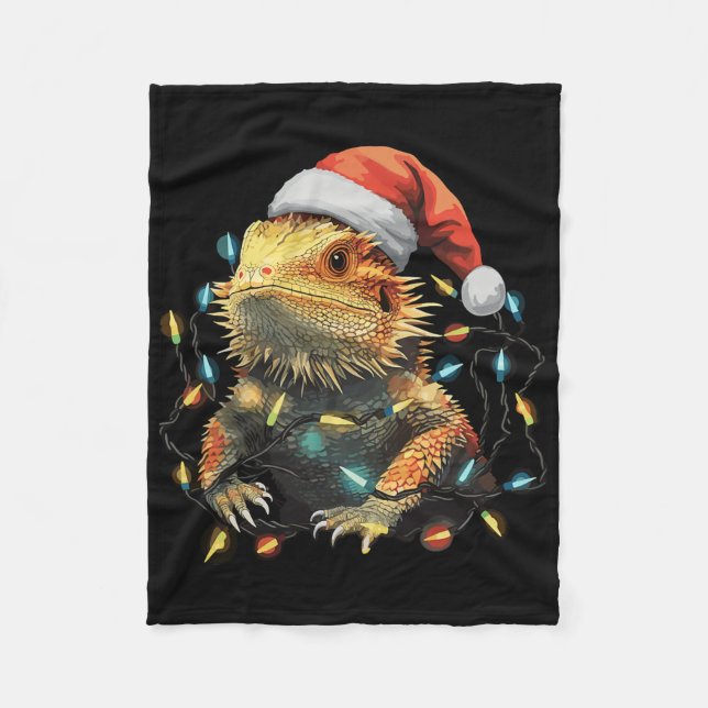 Cute Bearded Dragon Christmas Lights Santa Hat Xma Fleece Blanket (Front)