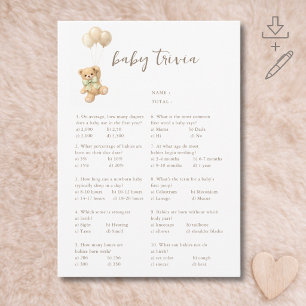 Cute Bearly Wait Baby Shower Game Baby Trivia Card