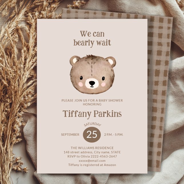 Cute Bearly wait baby shower minimalistic Neutral Invitation (Minimalistic Bear Baby Shower Invitation | Neutral Boho Baby Shower Template)