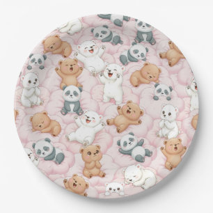 Cute Bears and Pandas on Pink Clouds Seamless Paper Plate