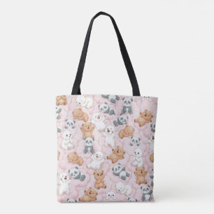 Cute Bears and Pandas on Pink Clouds Seamless Tote Bag