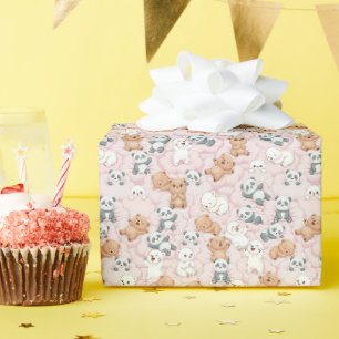 Cute Bears and Pandas on Pink Clouds Seamless Wrapping Paper