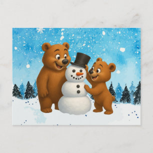 cute bears building a snowman postcard