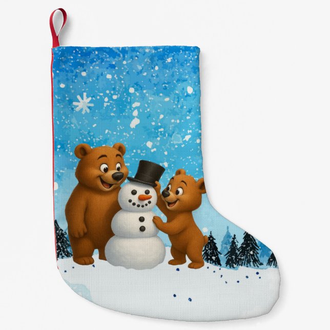cute bears building a snowman small christmas stocking (Front)