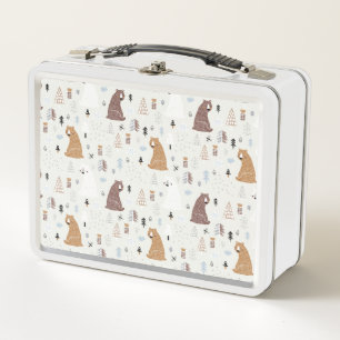 Cute Bears in the Woods Pattern Metal Lunch Box