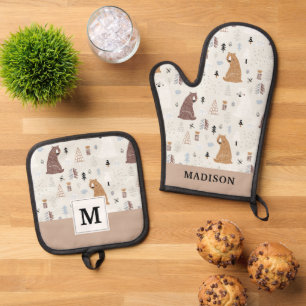 Cute Bears in the Woods Pattern Oven Mitt & Pot Holder Set