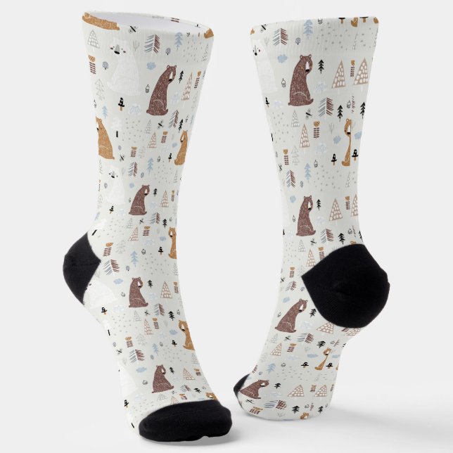 Cute Bears in the Woods Pattern Socks (Angled)