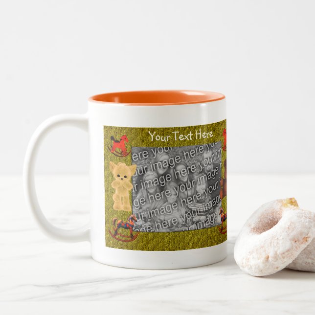 Cute Bears Rocking Horses Personalised Photo  Two-Tone Coffee Mug (With Donut)