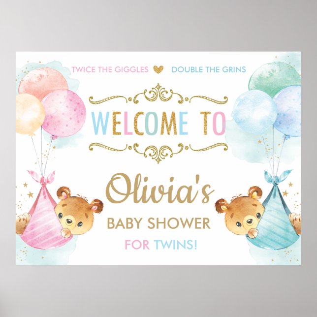 Cute Bears Twins Boy Girl Baby Shower Welcome Sign (Front)