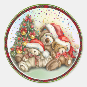 Cute Bears with Santa Hat and Christmas Tree Classic Round Sticker