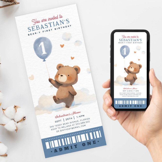 Cute Beary First Birthday Ticket Invitation (Creator Uploaded)