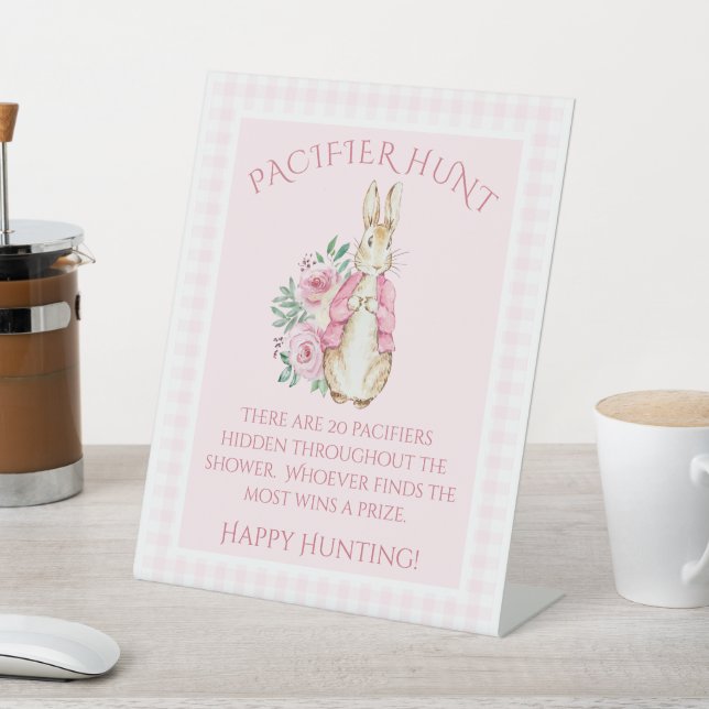 Cute Beatrix Potter Rabbit Pink Floral Baby Shower Pedestal Sign (In SItu)