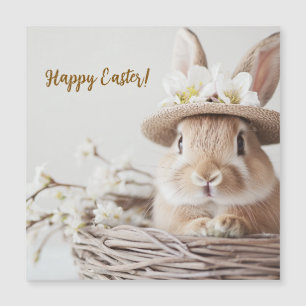 cute beautiful bunny in a hat in a basket 