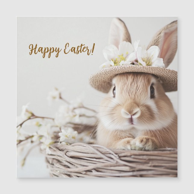 cute beautiful bunny in a hat in a basket  (Front)