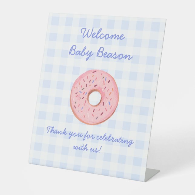 Cute Beautiful Gingham Doughnut Baby Sprinkle Deco Pedestal Sign (Front)