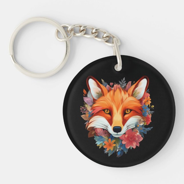 Cute Beautiful Watercolor Fox Flower Key Ring (Front)