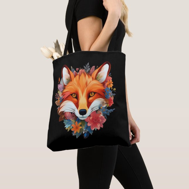 Cute Beautiful Watercolor Fox Flower Tote Bag (Close Up)