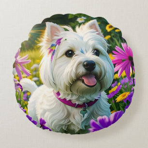 Cute Beautiful Westie Terrier Puppy Dog Two Round Cushion