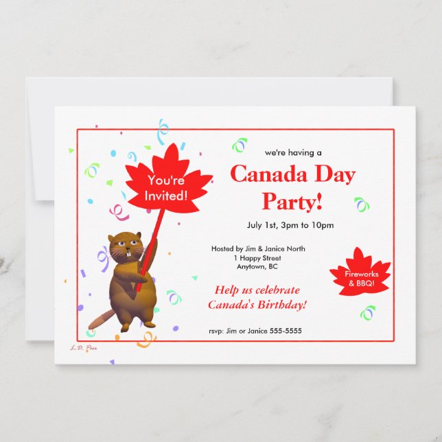 Cute Beaver  Canada Day Party  Invitation (Front)